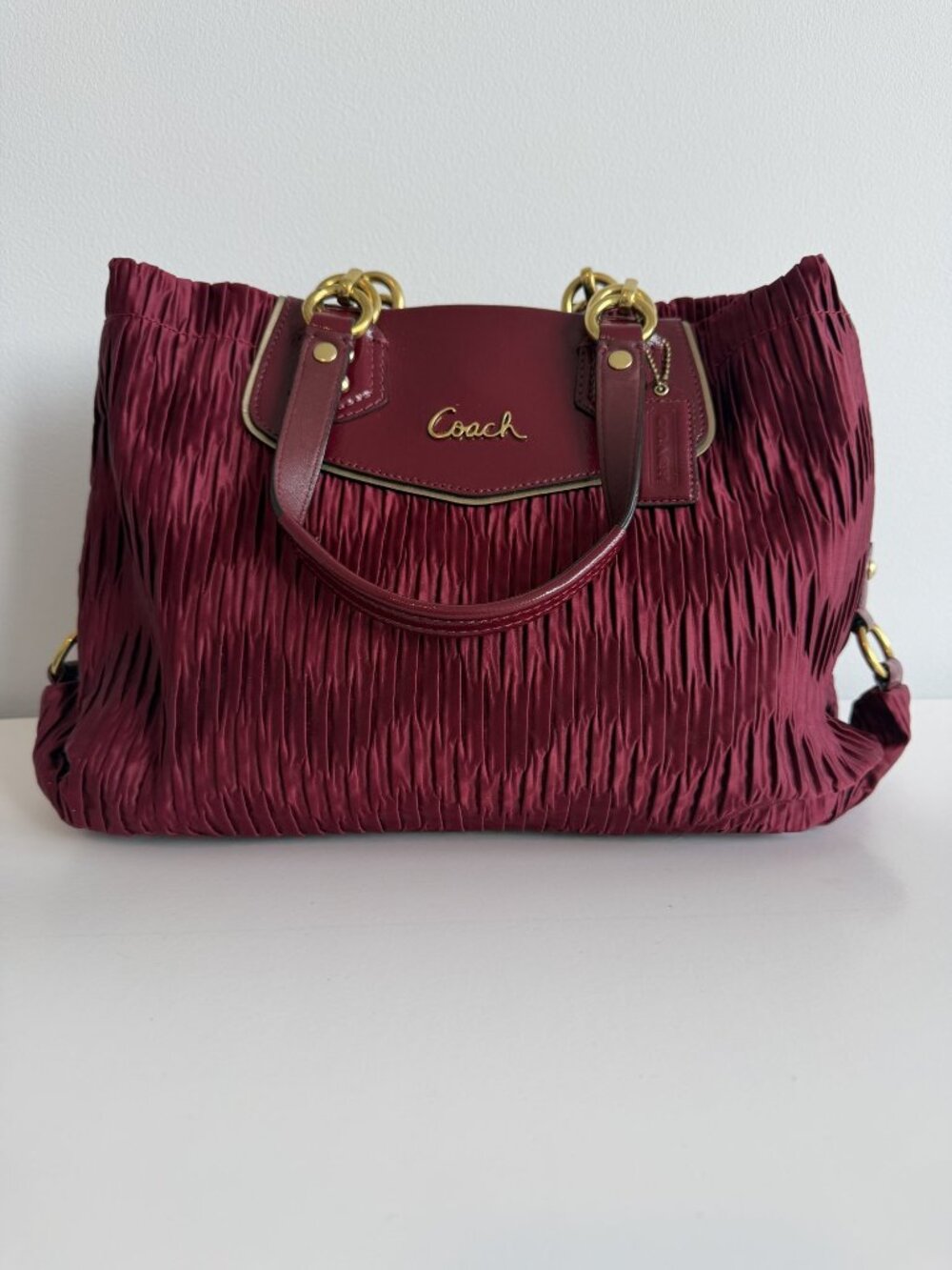 Coach Ashley Gathered Satin Carryall Bordeaux
